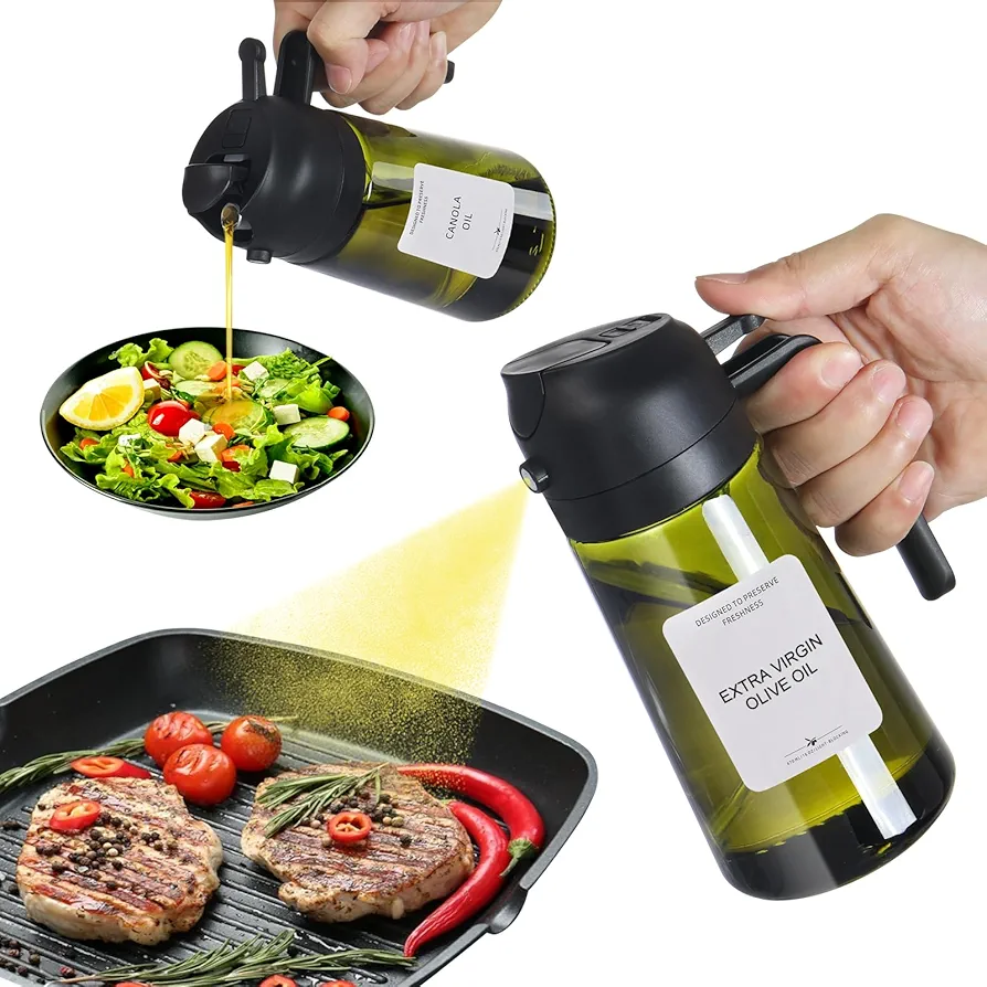 16oz Olive Green Light-Blocking Kitchen Maiden 2 in 1 Oil Dispenser - Versatile Sprayer & Pourer for Cooking, Air Fryer, Baking, Salad, and BBQ