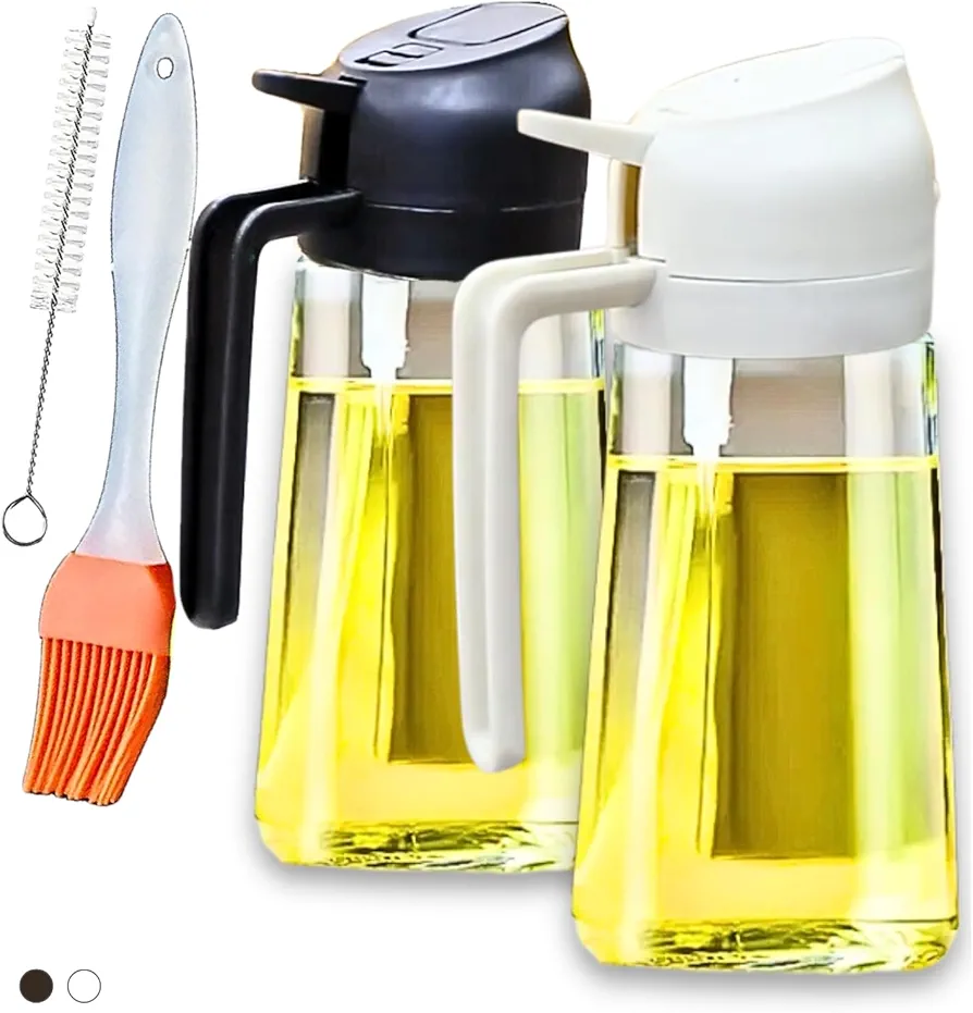 Oil Sprayer For Cooking, Cooking Oil Spray Bottle, Oil dispenser for kitchen, 2 in one spray and pour, Olive oil Sprayer for cooking 2 pcs 16oz/470 ml, oil Sprayer for salad and BBQ (Black & White)