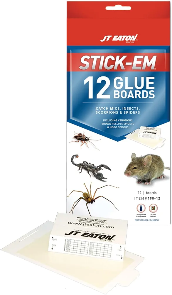 JT Eaton Stick-Em 198-12 Mouse & Insect Glue Trap, 12 Glue Traps, White