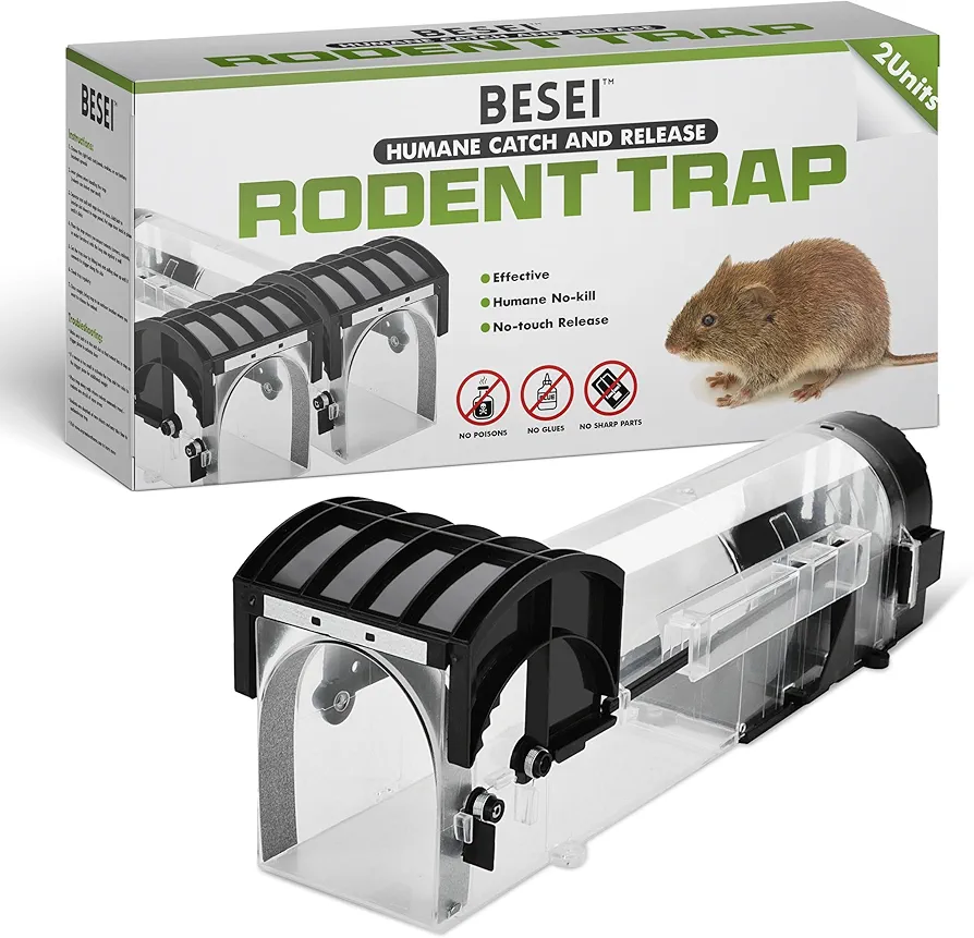 2-Pack, BESEI Humane Mouse Trap - Animal Friendly Rodent (Mouse and Rat) Trap, Catch and Release