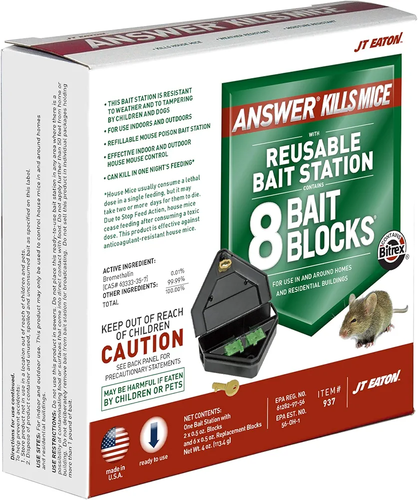 JT Eaton 937 Answer Reusable Mouse Bait Station with Bromethalin Bait Blocks - Effective, Reusable, and Easy-to-Use