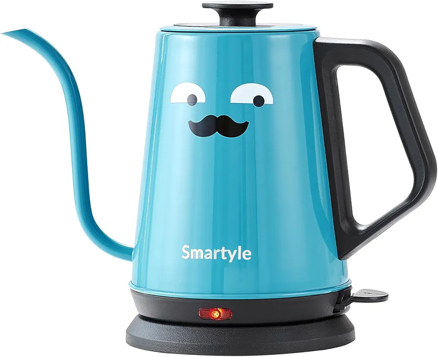 Gooseneck Electric Kettle with Mustaches, 1000W Cartoon Electric Tea Kettle of 304 Stainless Steel, Cute Hot Water Kettle with Auto Shut Off, 1.0L Colorful Pour Over Coffee Kettle-Blue