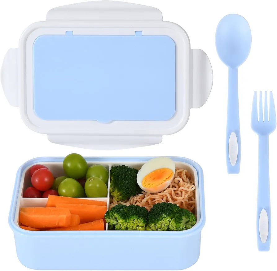 UPTRUST Bento Lunch Container for Kids, Bento Adult Box with 3 Compartment. Leak-proof, Dishwasher Safe, Freezer Safe, Meal Snack Box(Spoon&Fork included,Blue-White)