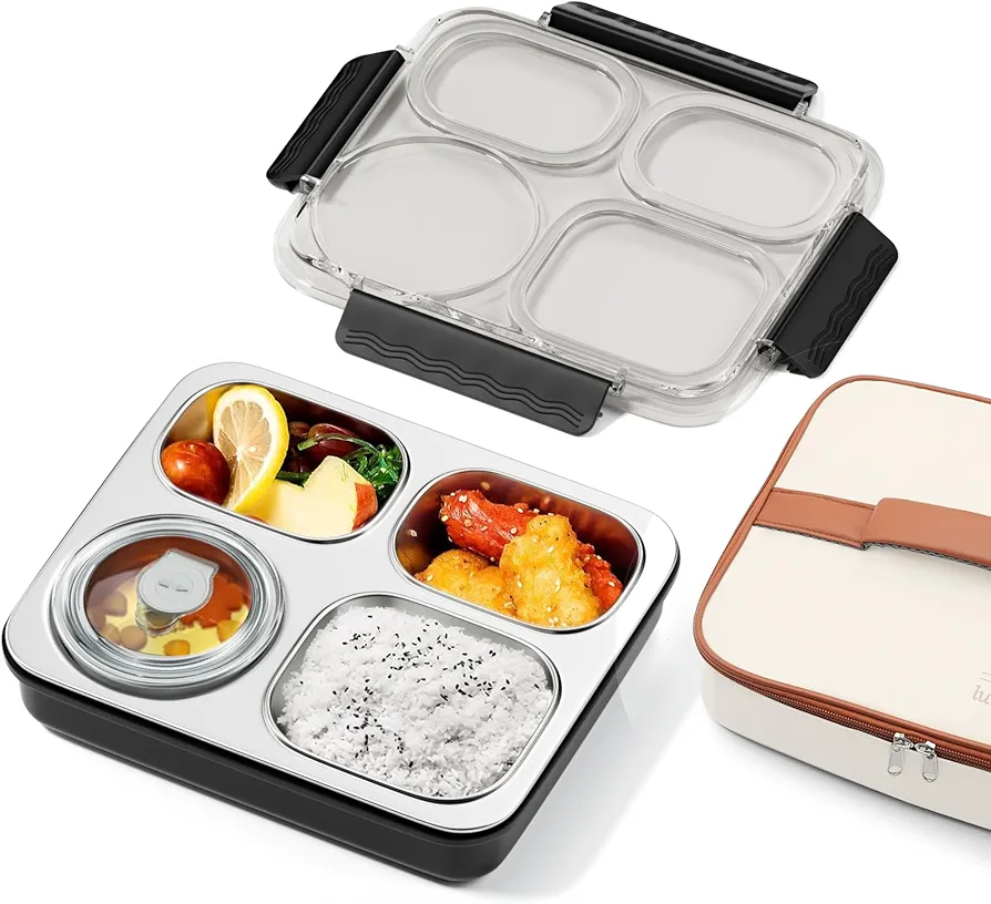 Bento Box Adult Lunch Box, Lunch Box Stainless Steel Containers For Adults Women W/ 4 Compartments, Insulated Bento Boxes Leakproof,BPA Free,40 Oz/5 Cup,Dishwasher Safe Stainless Steel Bento Box,Black