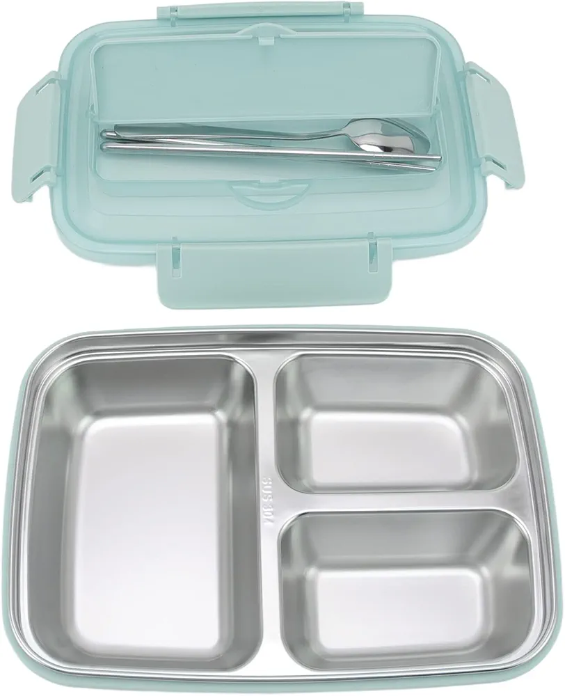 LIZEALUCKY Large Capacity Bento Box,3 Compartment Lunch Box with Chopsticks and Spoon,Portable Leak Proof Cutlery Food Containers for Adults Office Worker Outdoor(Blue)