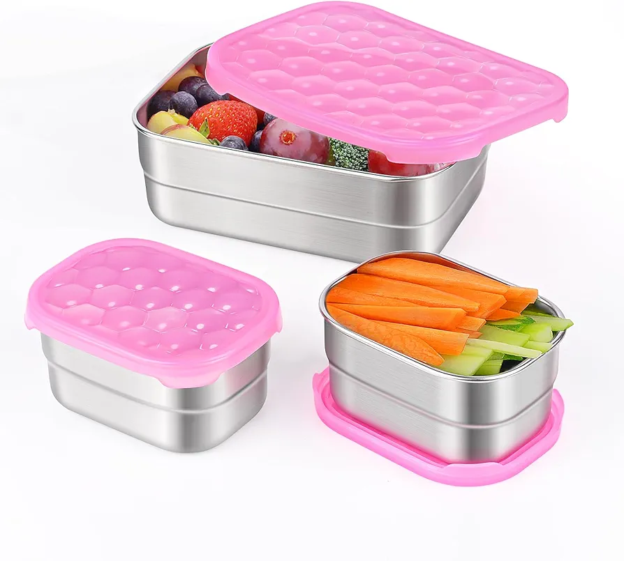 Stainless Steel Lunch Containers for Kids | Leak Proof BPA Free Snack Containers with Silicone Lids - Perfect Metal Snack Containers with Lids for School and Daycare (25oz+8oz*2)
