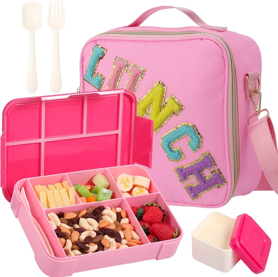Lunch Box Kids with Insulated Lunch Bag, 45 oz Bento Box for Boys Girls,Large Nylon Preppy Lunch Bag with Adjustable Shoulder Strap Reusable Bento Box for School Picnic (Pink,Rose Red)
