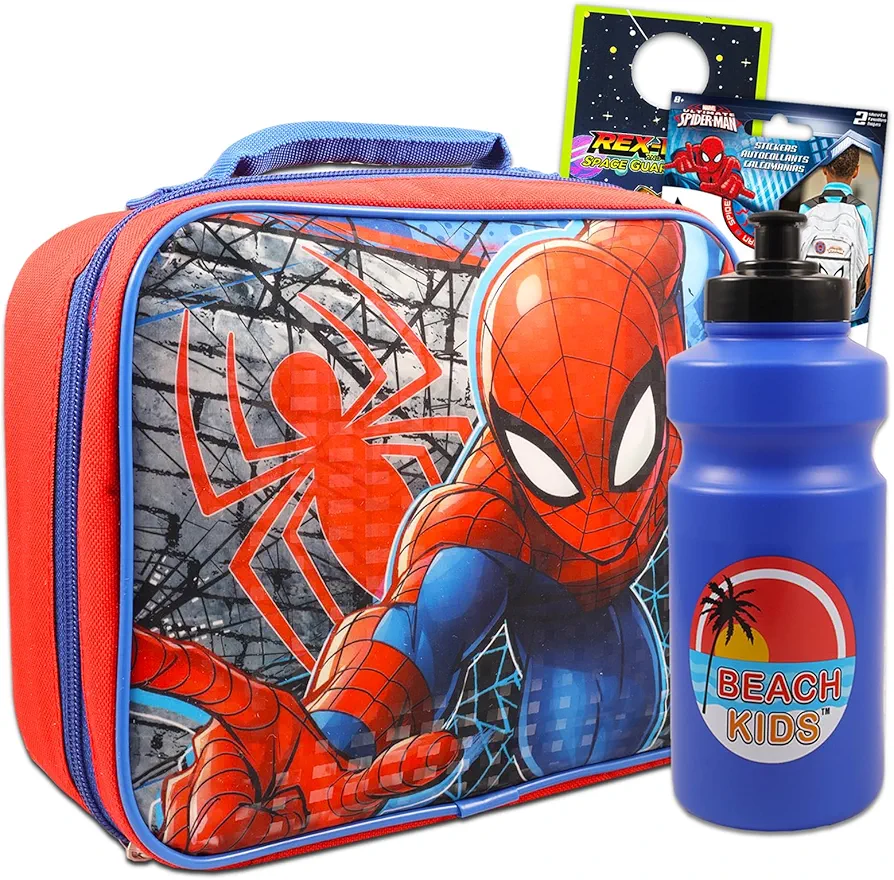 Spiderman Lunch Bag Set - Bundle of Spidey Lunch Box, Water Bottle Spiderverse Stickers and More | Marvel Superhero School Supplies
