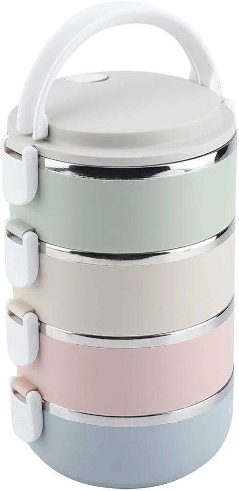 Stainless Steel Lunch Box Container Food Safety Buckle, Portable Handle, Vent Hole for Assembly (Four layers 2800ml)