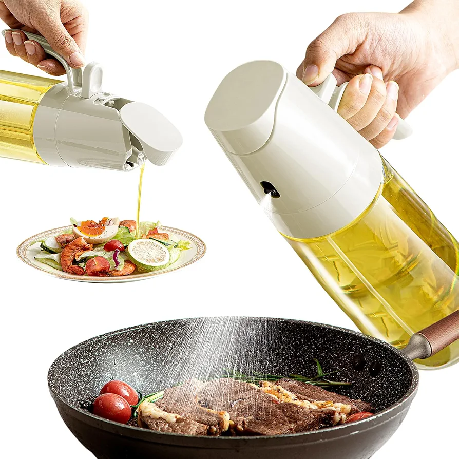 Oil Sprayer for Cooking - Premium Glass 2 in 1 Oil Dispenser and Oil Sprayer, 16oz Refillable BPA-Free Oil Mister, Glass Oil Dispenser for Kitchen, Salad, BBQ, and Non-Stick Cooking, Gray