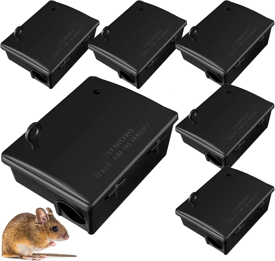 6 Pack Rat Bait Stations Large Rodent Bait Station with Key Reusable Mouse Bait Stations Mice Bait Blocks Heavy Duty Bait Boxes for Outdoor Rodents Mice Bait Blocks, Bait Not Included (Black)