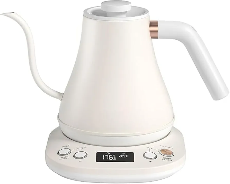 Electric Gooseneck Pour Over Kettle, ±1°F Temp Control, 1200W, 0.8L, Matt Black (Milk White)