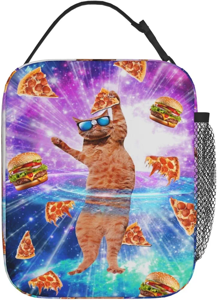 Gianlaima Blue Purple Galaxy Cat Pizza Hamburger Insulated Lunch Box For Women Man, Portable Lunch Bag Reusable Cooler Tote For Office Work Travel Picnic Camping Beach