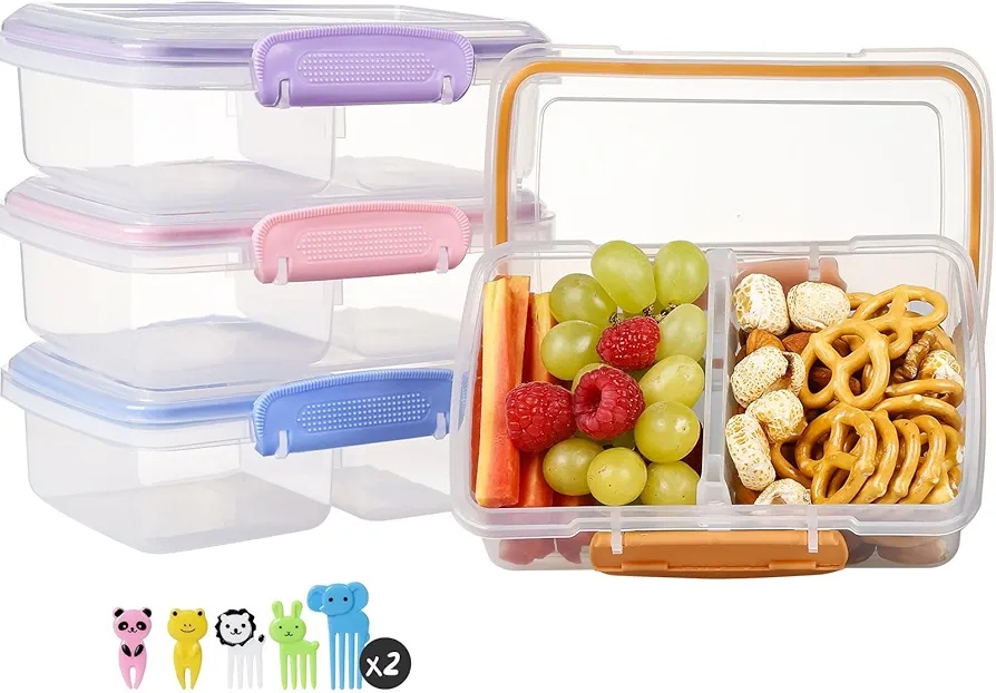 4 Pack Plastic Snack Containers with Lids, 2 Compartment Food Container for Kids Snack Box, Travel Bento Lunch Containers with forks for Fruits/Candies, Divided Food Storage Containers for Meal Prep