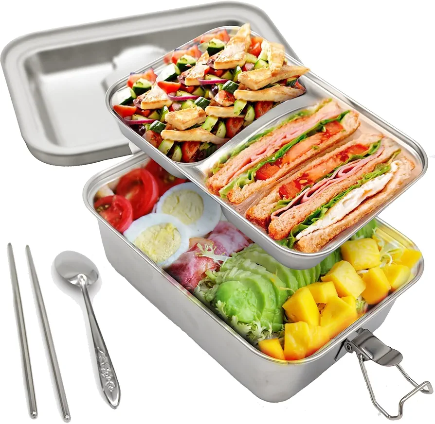 Stainless Steel Bento Box with 3 Compartments 1.8L Metal lunch box with Safety Latch Stainless Steel Lunch Box Leak-Proof for Adult Food Container Durable and Reusable Easy to Clean Dishwasher Safe