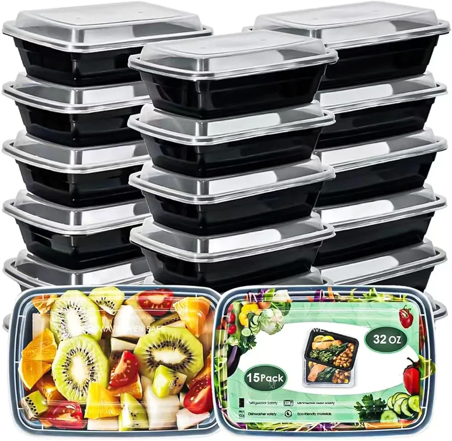 Meal Prep Containers, 32oz 15Pack Extra-thick Food Storage Containers with Lids, Reusable Plastic Bento Lunch Box, Disposable Bento Box, BPA Free, Microwave/Dishwasher/Freezer Safe…