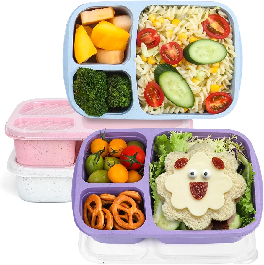 MaMix 4 Pack Snack Box Containers for Adults，3 Compartment Bento Box Adult Snack Containers for Adults/Toddlers/Kids, Reusable Lunch Box Containers Meal Prep Container for School Travel