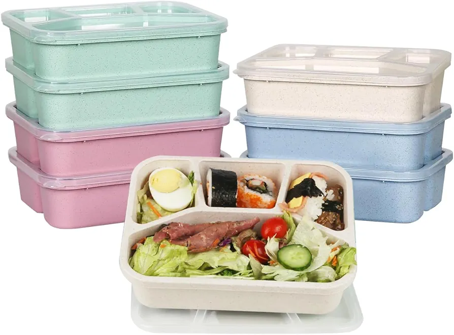 8 Pack Bento Lunch Box, 4 Compartment Meal Prep Containers for Kids Adults, Stackable Reusable Wheat Straw Snack Box, Divided Food Storage Container for School Work Travel Camp, BPA Free