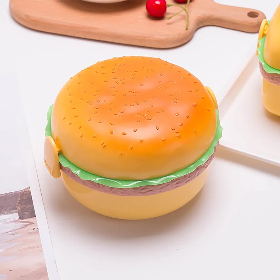 Cute and Funny Hamburger Lunch Box - Three Layers Hamburger Shape Bento Box - Portable Lunch Boxes- Microwaveable - Food Safe Grade Material for Storing Fruits Vegetables Meat
