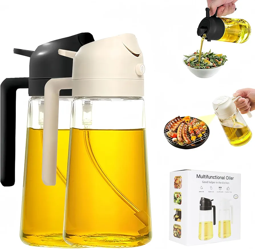 Kitchen Cooking Oil Dispenser - Kitchen 2-in-1 Olive Oil Spray Bottle, Beige Black 2-Pack, 17 oz - For Air Fryers, Salads, Baking, Grilling, Food Grade Sprayer