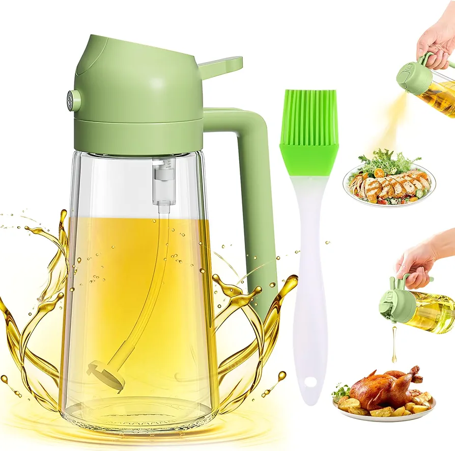 2 in 1 Glass Oil Sprayer & Dispenser,2024 New 2-in-1 Olive Oil Dispenser Bottle for Kitchen 470ml with brush,Food-grade Oil Mister Spray Bottle for Cooking, Air Fryer,Salad,BBQ(Green, 470ml)