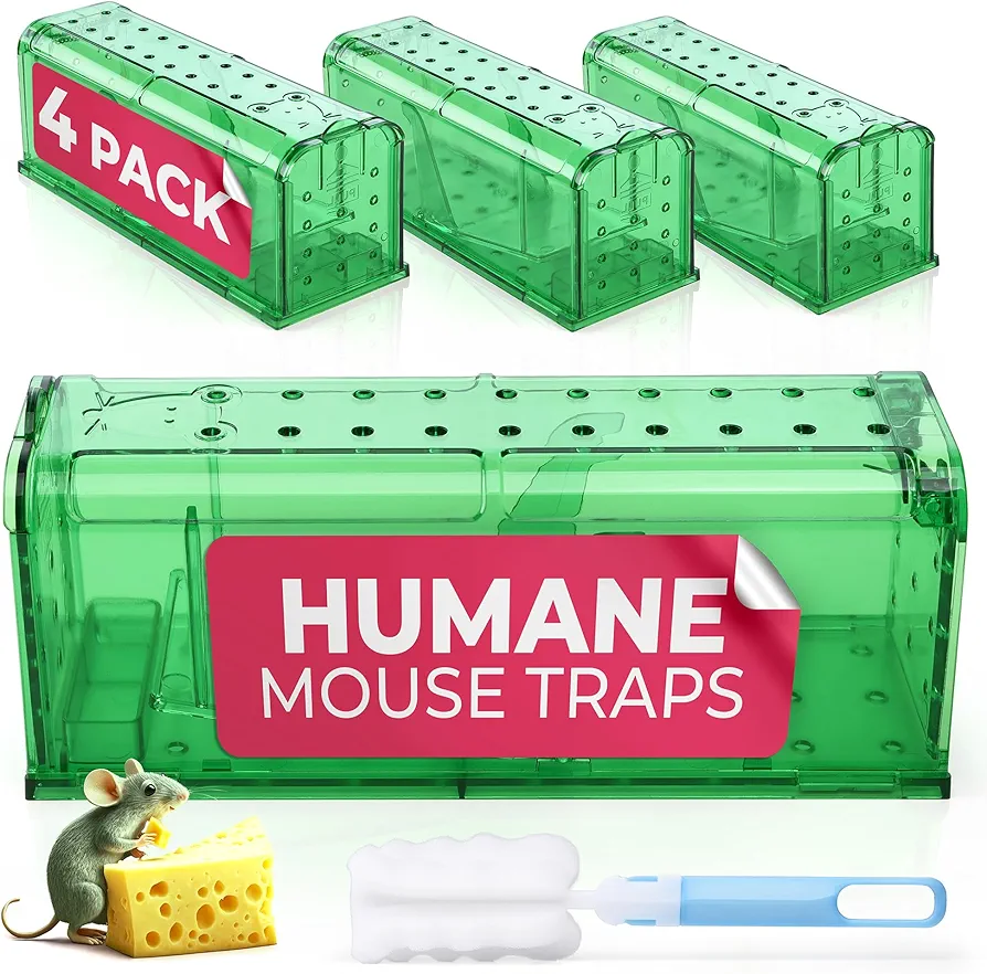 Humane Mouse Trap Pack of 4 - Live Mouse Traps Catch and Release Trap for Indoor and Outdoor Use - Reusable Mouse Traps, Safe & Effective No Kill Mouse Traps - Humane Mouse Traps Catch and Release