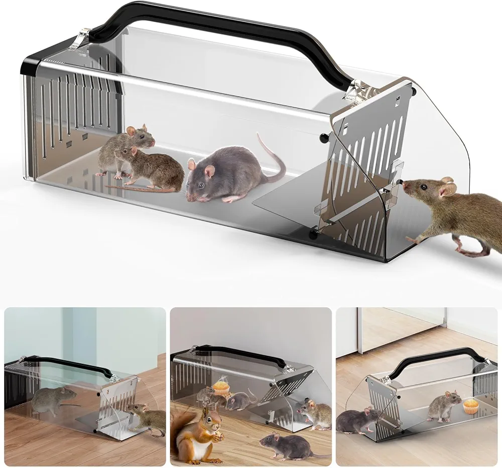 1Pack Humane Mouse Trap Indoor,Animal Humane Live Cage Trap,Extended Transparent Humane Rat Trap Outdoor,Sensitive Pedal Trigger,Easy to Catch&Release Live Animal Trap for Mole,Vole,Shrew,Rodent,Mice
