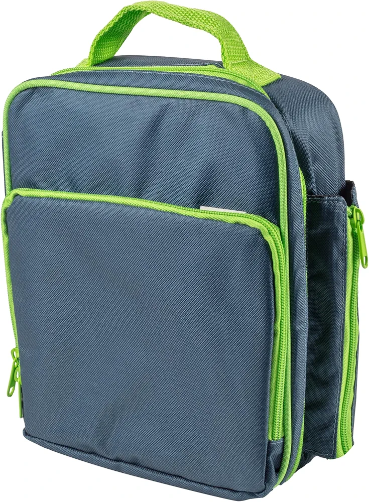 Bentology Insulated Lunch Box w Snack Pocket & Water Bottle Holder- Kids School Lunchbox Tote Keeps Food Hotter or Colder Longer-Reusable Bag Fits Most Bento Boxes Ice Packs Container-Blue Green