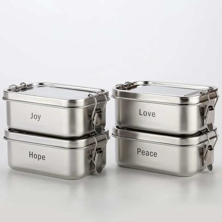 4 Pack Stainless Steel Lunch Box Engraving Inspiring Words, 550ml Small 304 Metal Lunch Containers, Reusable Dishwasher Safe Stainless Steel Bento Box for Work, Outdoor