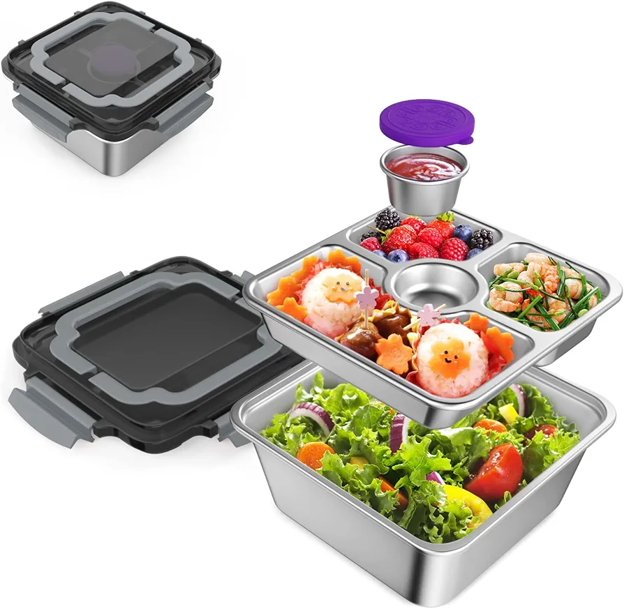 Bento Box Adult Lunch Box Large 60oz Stainless Steel Salad Containers with Lid 4-Compartment Bento Tray Leakproof 2.5oz Sauce Container for Work Picnic Oven Dishwasher Safe (Gray)