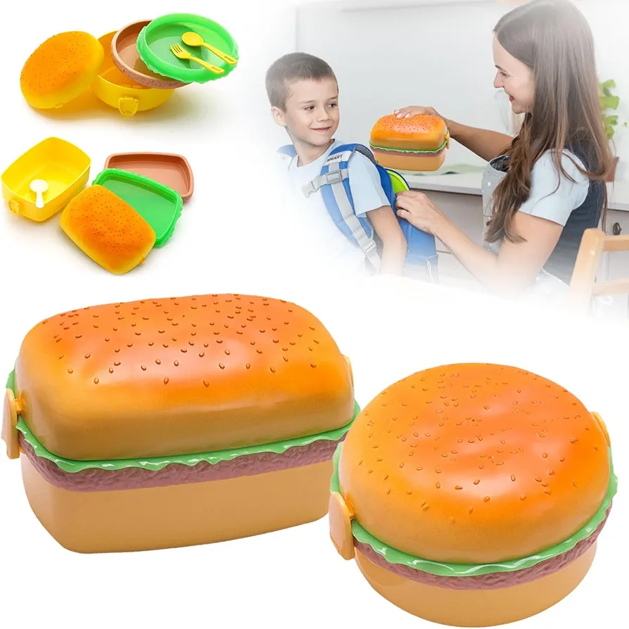 Lunch Box Cute Hamburger, Bento Box 3-Layer Portable Lunch Box, Salad Box, Microwave Heated Lunch Box, Simulated Hamburger, Suitable for Storing Fruits, Vegetables, and Salads (set)