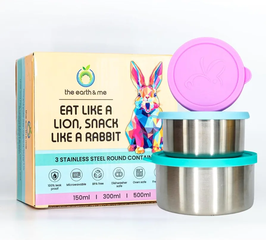 the earth & me Stainless Steel Food Containers With Silicone Lids - Reusable Eco Metal Lunch Box For The Eco-conscious Person - Leakproof, Microwavable And Nesting Container For Food/Snack Storage