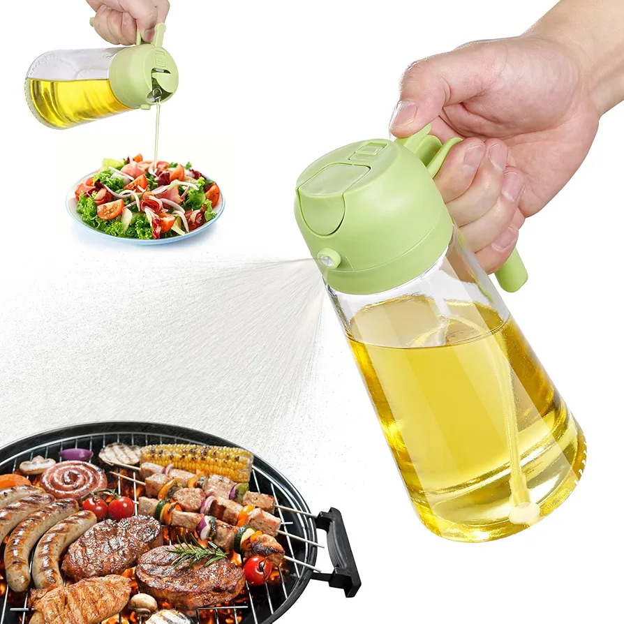 CHUBBY CHEEKS 16oz Kitchen Maiden 2-in-1 Oil Dispenser - 16oz Glass Oil Spray Bottle for Air Fryer, Salad, Frying, BBQ - Food-grade Oil Mister in Vibrant Green