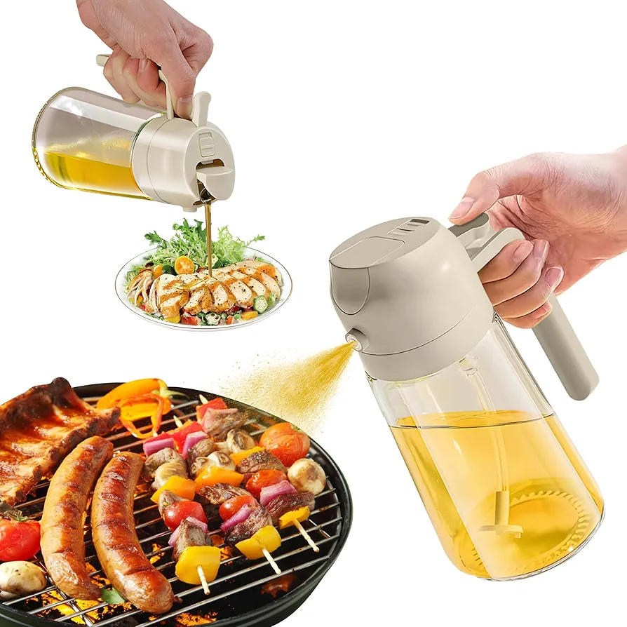 Oil Dispenser for Kitchen Spray, Oil Dispenser Bottle Spray and Pour, 2 in 1 Olive Oil Dispenser Bottle for Kitchen, 16oz/470ml Glass Oil Bottle for Air Fryer, Salad, Frying, BBQ (White)