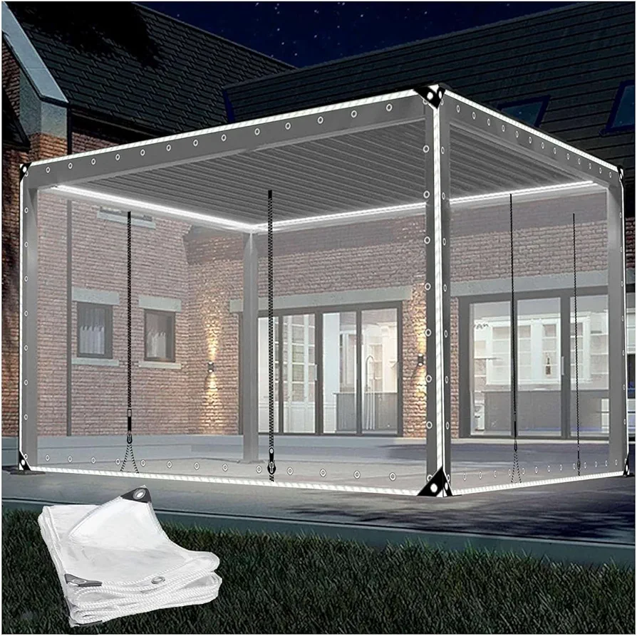 Clear Waterproof Tarp with Zip Door，Outdoor Curtain Transparent Tarpaulin, Transparent Gazebo Curtain with Zip Door,for Enclosure,Greenhouses,carport，Greenhouse(4x4m/13.12x13.12ft)