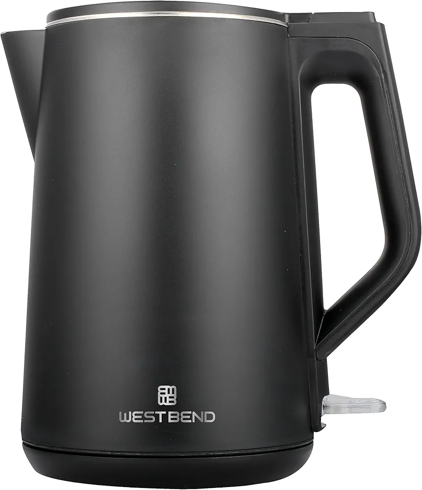 West Bend Electric Kettle Cordless Serving Features Stainless Steel Interior Boil Dry Protection and Auto Shut Off, 1.5-Liter, Black