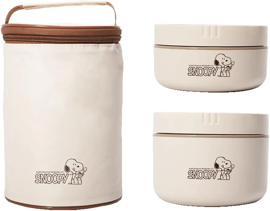 Finex Insulated Stainless Steel Stackable Bento Box Food Container Set + Matching Zippered Food Bag with Handle for ADULT work office picnic hiking camping Peanut White Dog