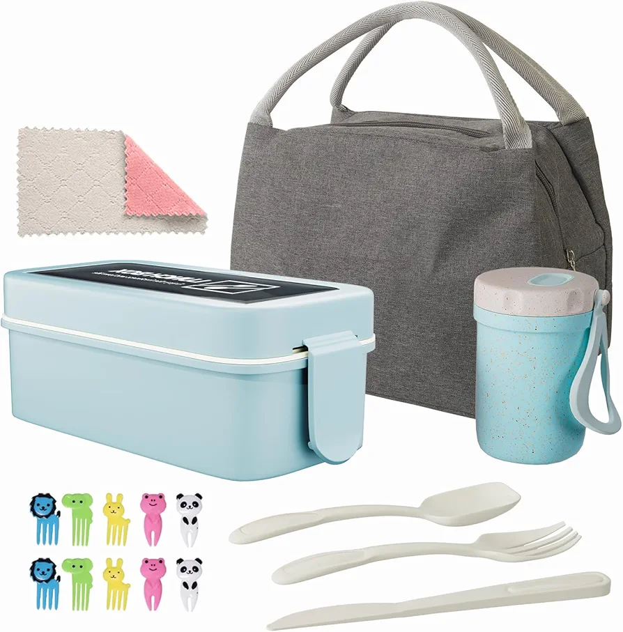 ZMYGOLON Bento Lunch Box for Kids,Lunch Bento Box Container Leak Proof for Kids,Stackable Lunch Containers with 3 Compartments and Lunch Bag, Spoon, Fork, Cake Cups (Blue)