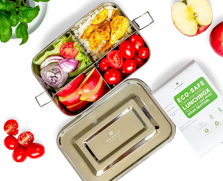 Stainless Steel Eco Lunch Box, Leak Proof, 4 Compartment | Sustainable Zero Waste Eco Friendly Bento Box Food Storage Container