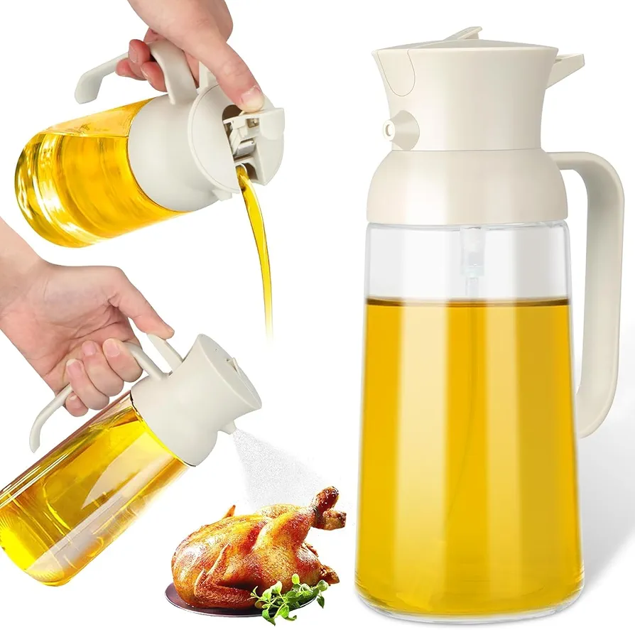 2 in 1 Oil Spray Bottle for Kitchen, 2024 NEW Olive Oil Dispenser Sprayer for Cooking, 18.6oz/ 550ml Premium Glass Oil Bottle, Food-grade Oil Mister for Air Fryer, Salad, Frying, BBQ(White)
