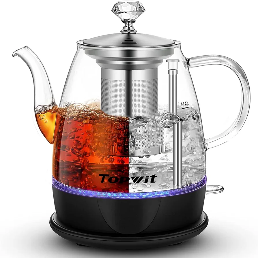 Topwit Electric Kettle Glass, For Hot Water, Tea and Coffee Dual Purpose Design, BPA-Free, 1L Pour Over Removable Stainless Steel Infuser, Auto-shut Off & Boil-dry Protect