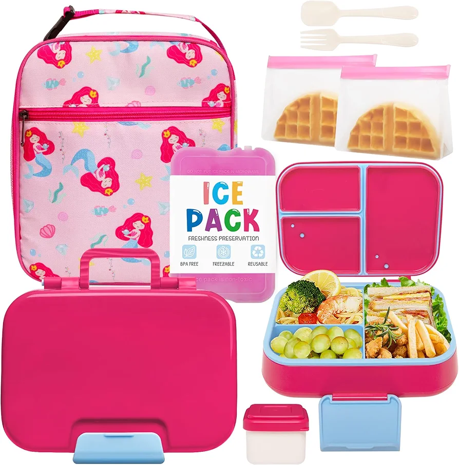 Korlon Bento Box for Kids, Leakproof Kids Bento Lunch Box for Girls, Pink Bento Box with Ice Pack, 3-Compartment Lunch Containers for Kids with Insulated Lunch Bag, Kids Back to School Lunch Supplies