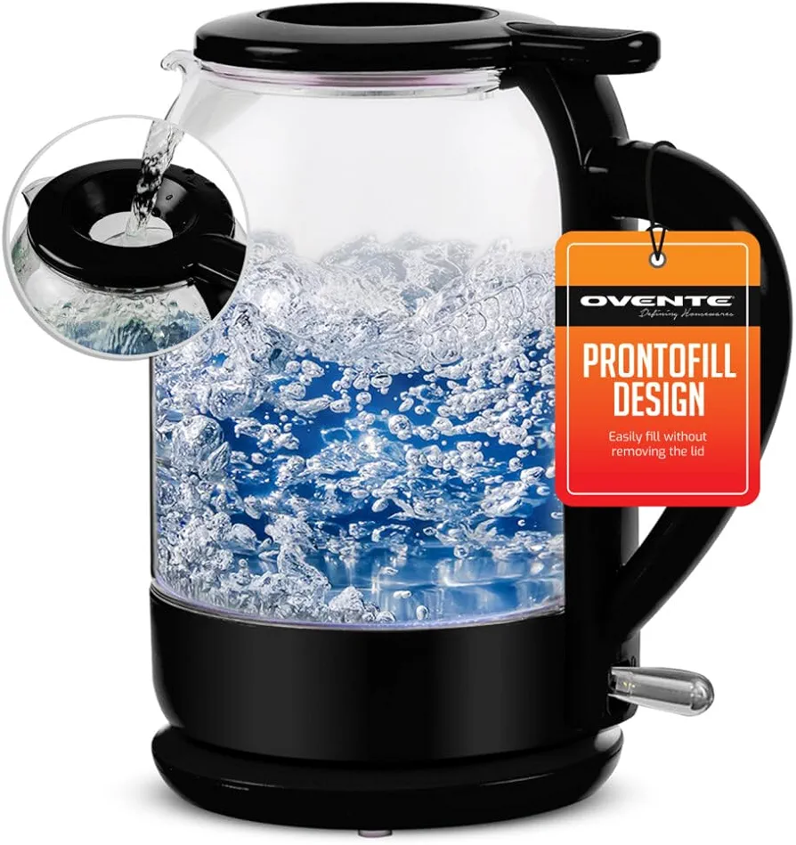 OVENTE Electric Glass Kettle 1.5 Liter 1500W Instant Hot Water Boiler Heater with ProntoFill Tech, Boil-Dry Protection, Automatic Shut Off, Fast Boiling for Tea & Coffee, Black KG516B