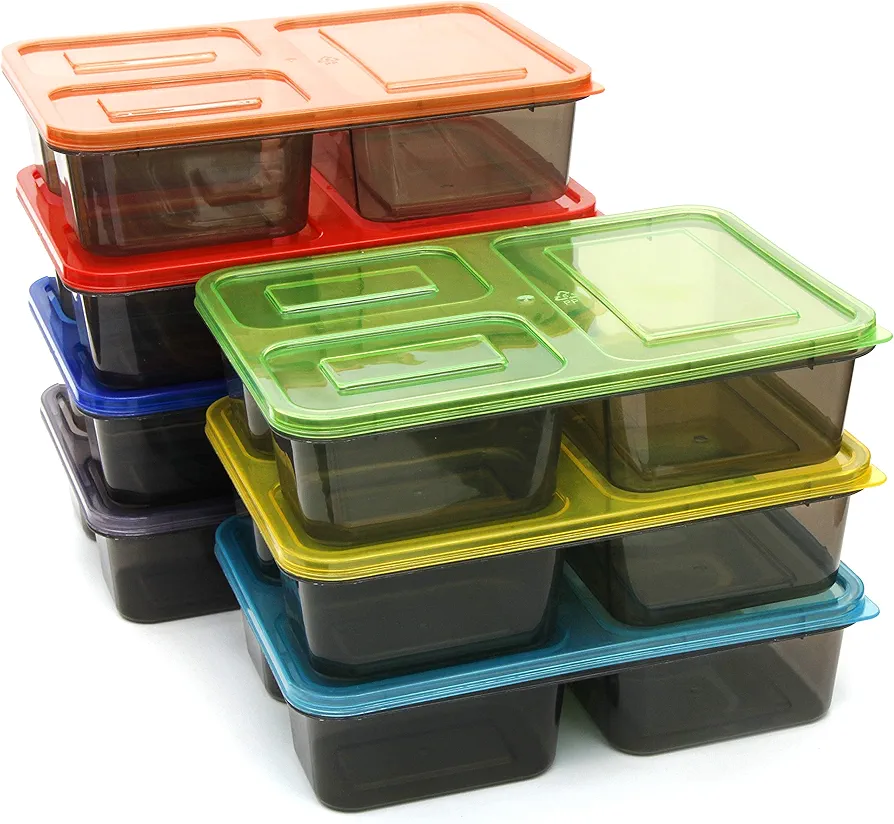 Youngever 7 Sets Thick Large Bento Lunch Box 40 Ounce, Meal Prep Containers, Reusable Plastic Divided Food Storage Container Boxes (3 Compartment)