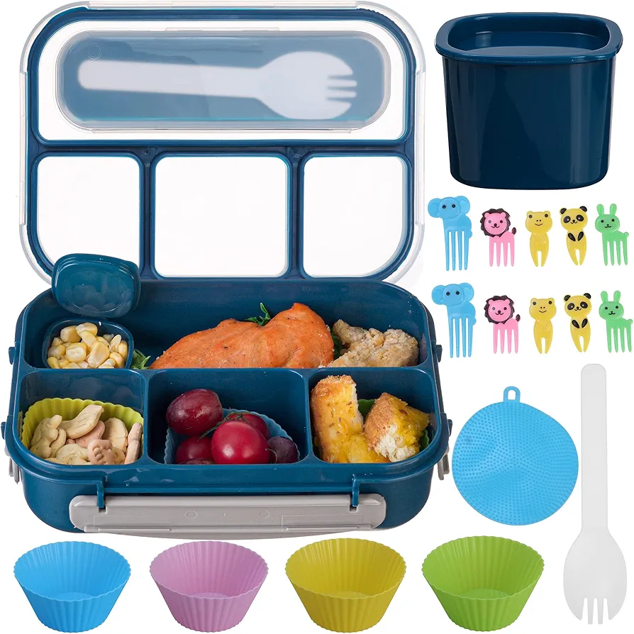 ZPIMY Bento Box, 1300ML, 4 Compartment Lunch Box for Adults/Kids/Toddler, Blue, Includes Spoon, Sauce Box, Reusable Baking Cups, Dishwasher Safe