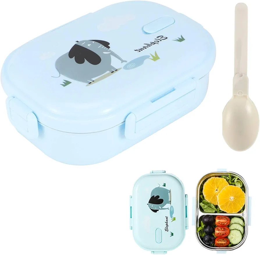 Niiyen Lunch Box, 720ml 2 Compartments Food Lunch Containers with Spoon, Portable 304 Stainless Steel Adult Bento Lunch Box, Boy Food Storage box for Office School Picnic
