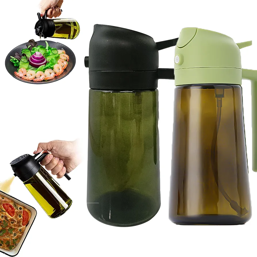 Oil Sprayer for Cooking, Kitchen Maidan 2 In 1 Oil Dispenser and Oil Sprayer, Light Blocking Glass Dispenser for Olive Oil, Oil Dispenser for Kitchen/Camping w/Stickers (Black+Green)