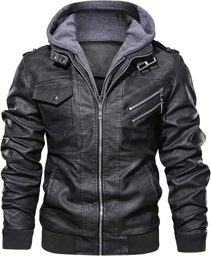 JYG Men's Faux Leather Jacket Stand Collar Motorcycle Bomber Jackets with Removable Hood