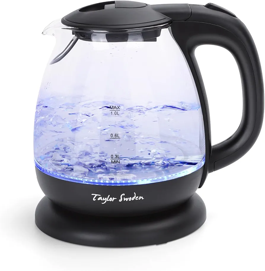 Taylor Swoden Small Glass Kettle Electric, Compact Mini Sized Electric Hot Water Kettle for Tea and Coffee 1L Black