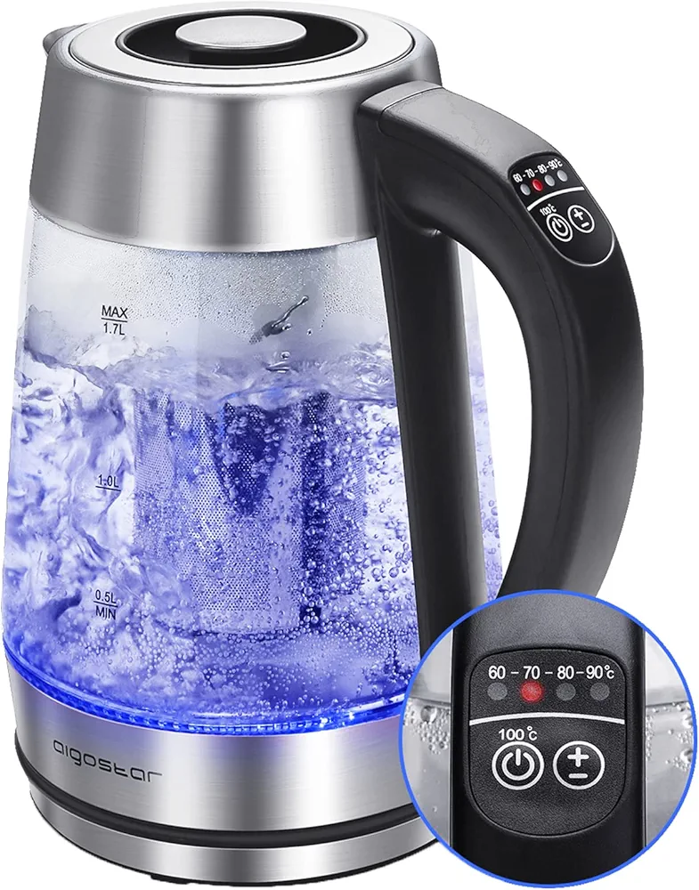 Aigostar Electric Kettle, Tea Kettle with Temperature Control and Tea Infuser, 1500W Hot Water Kettle with Variable Temperature, Keep Warm Function, LED Indicator Light Change, Auto Shut-Off, 1.7L